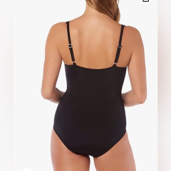 NWT Swim Solutions Shirred Tummy-Control One-Piece Swimsuit Black w Gold Bead - Picture 2 of 8